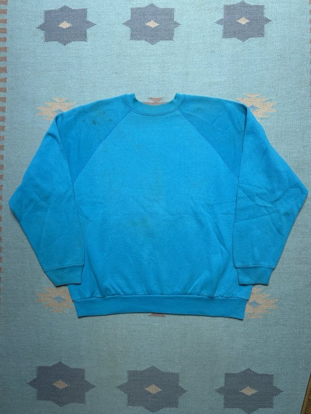 Vintage 80s crewneck sweatshirt blank teal turquoise blue stained pullover XL